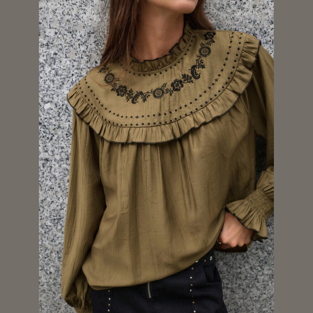 Olive Green Floral Patterned Ruffled Collar Long Sleeve Blouse